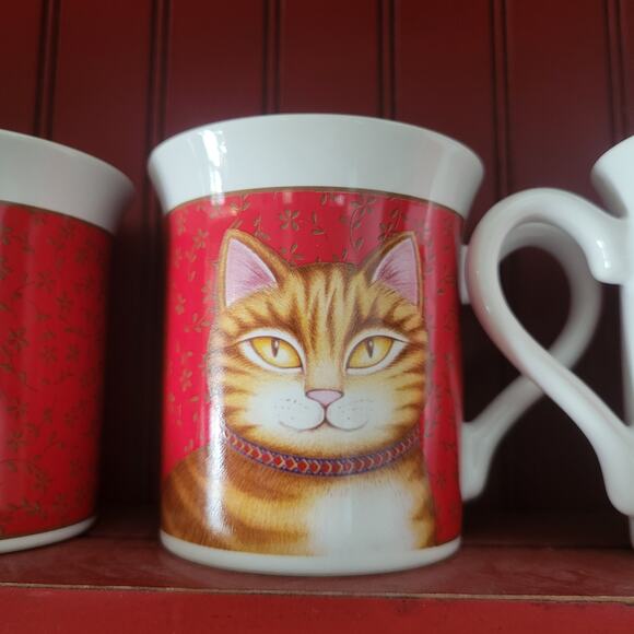 Vintage 1987 Hallmark Cat Mugs – Set of 4, Red with Orange Tabby, Made in Japan - Picture 1 of 7